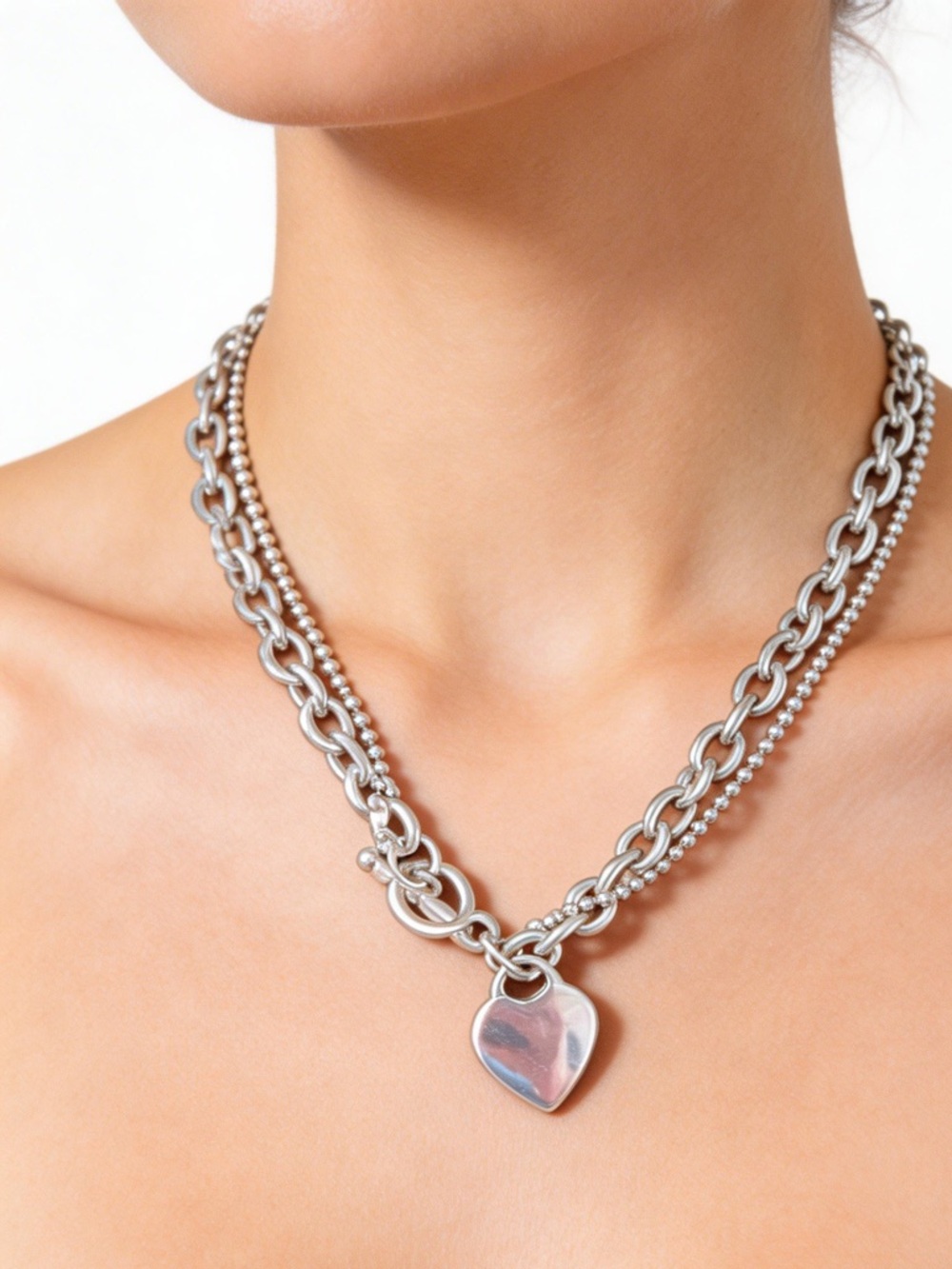 Heart tag toggle necklace silver tone 16 inch oval cable links ball bead chains